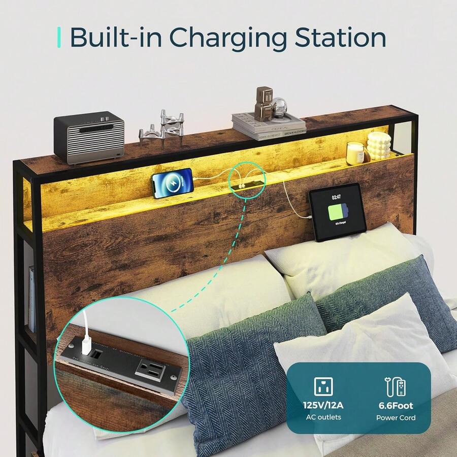 King Size Bed Frame, Ergonomic Storage Headboard With Charging Station