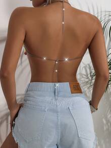 Sexy Nachtclub Strass-Gem transparentes Damen Crop Top, Rave Musik Festival Party Ketten-Quasten rückenfreies kurzes Top