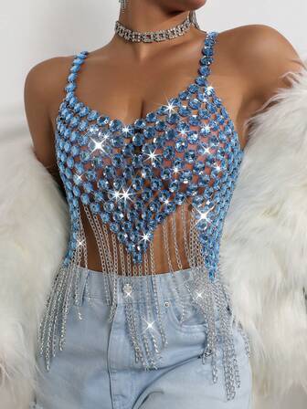 Sexy Nightclub Rhinestone Gem Sheer Women's Crop Top, Rave Music Festival Party Chain Tassel Backless Short Tank Top