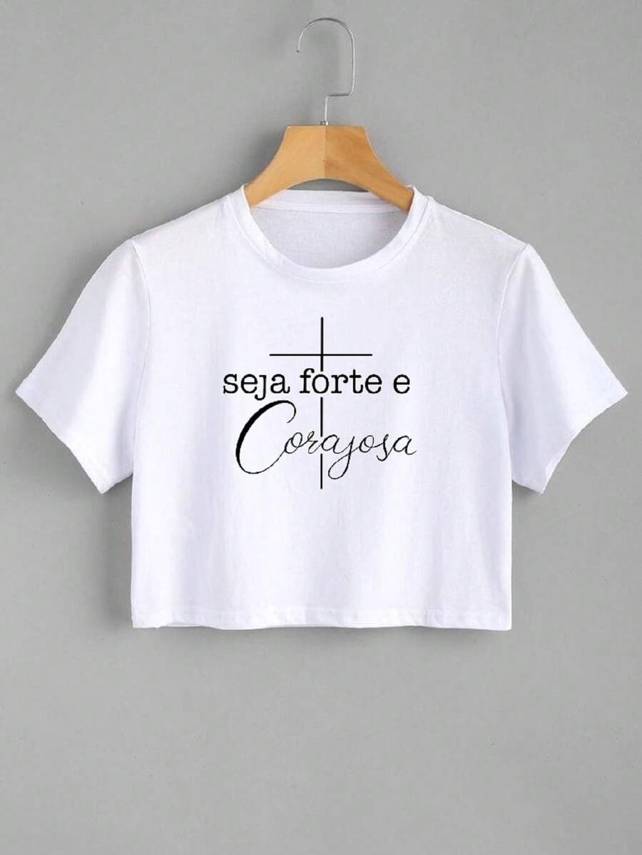 White Printed Women's Crop Top Be Strong And Brave Cross - 白色 - 查看 1