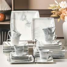 MALACASA 30 Pieces Porcelain Dinnerware Set, Grey Set, Square Plate, Dinner Plate, Dessert Plate, Soup Plate, Cup And Saucer Set For 6 Person - Grey - View 5