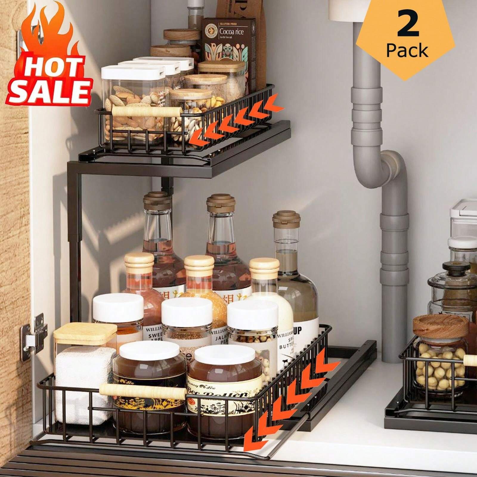 Under Sink Organizer 2 Pack, 2 Tier Slide Out Under Sink Organizers And