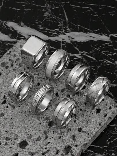 Hipoem 7 Pieces Fashion Stainless Steel Square Horizontal Sand Serpentine Turned Double Steps Men's Ring Set Suitable For Men And Women Daily Matching Use Holiday Dating Gift Jewellery