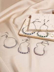 1 件彩色方晶锆石镶嵌闪亮皇家风格可调节拉绳手链，适合日常搭配和礼物 - 藍色 - 查看 2