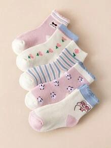 5 双儿童加厚保暖内衬可爱花卉图案中筒袜，适合女孩，秋冬季 - 彩色 - 查看 5