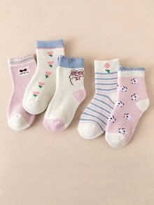 5 双儿童加厚保暖内衬可爱花卉图案中筒袜，适合女孩，秋冬季 - 彩色 - 查看 6