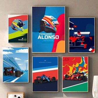 1 pieza Pintura en lienzo de póster de coche de carreras vintage con el casco de Fernando Alonso, arte de pared para la sala de estar moderna, decoración del hogar, pintura en lienzo con marco opcional