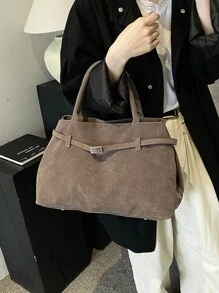 Retro Suede Tote Bag, Large Capacity Shopping Bag, Fashion Shoulder Bag For Daily Use & Work - Grey - View 4