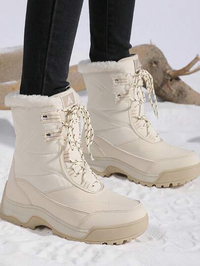 Women's Warm Thermal Lined Casual Outdoor Anti-Slip Mid-Calf Boots With Lace-Up, Round Toe, Fashionable & Elegant For Walking, Winter