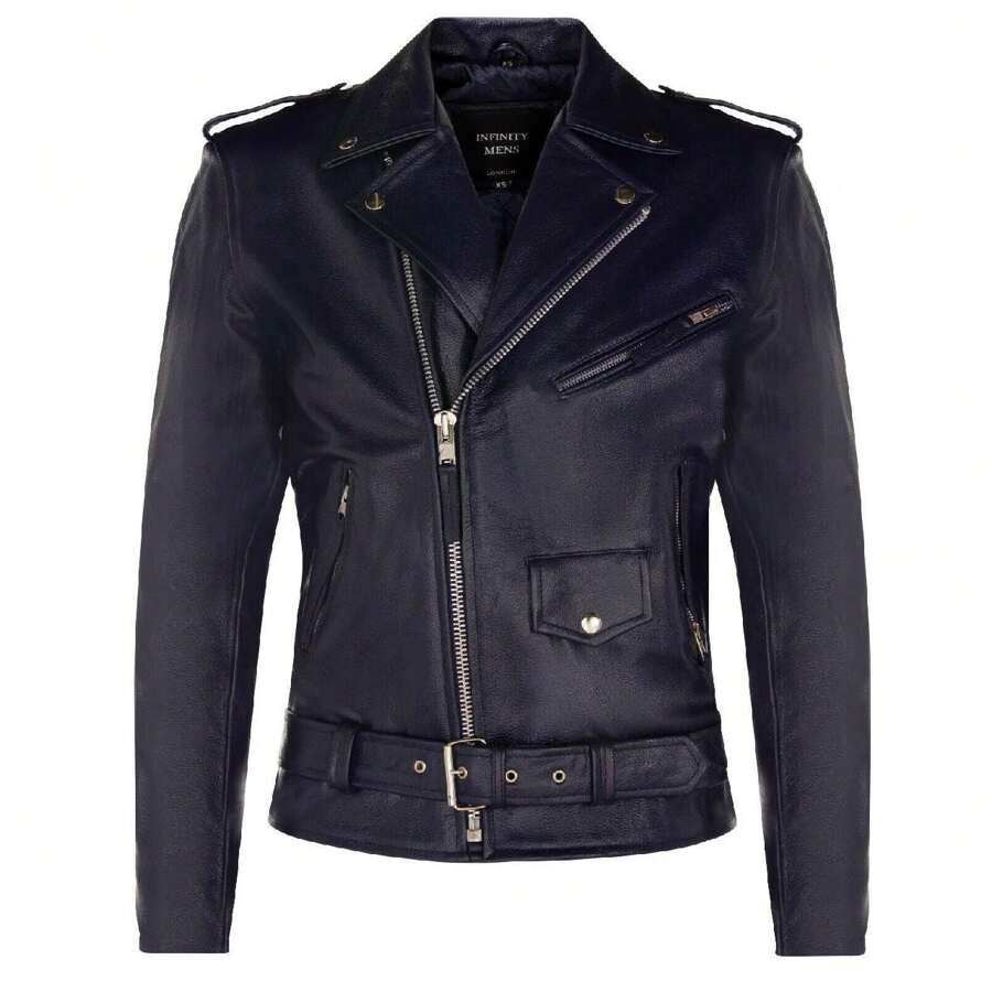 Mens Cow-Hide Black Brando Jacket -Venice - 海軍 - 查看 1