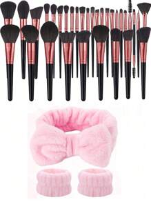 53-In-1 Makeup Tool Kit Including: 32pcs Makeup Brushes Set + 8pcs Makeup Sponges + 1pc Makeup/Wash Head Band + 2pcs Wash Wristband + 4pcs Powder Puffs + 1pc Makeup Remover Pads + 1pc Brush Cleaning Tray. Portable Makeup Tools, Suitable For Travel, Vacation, Parties. Must-Have For Summer Makeup