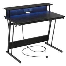 VASAGLE Gaming Desk With LED Lights And Built-In Power Outlets, Computer Desk With Monitor Shelf, Gaming Table For 2 Monitors, Office Desk, For Bedroom, Ebony Black - Black - View 6