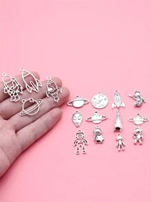 16pcs Antique Silver Color Astronaut Spaceman Rocket Alien Cosmic Planet Charms Collection For Diy Jewelry Making, 16 Styles, 1 Of Each