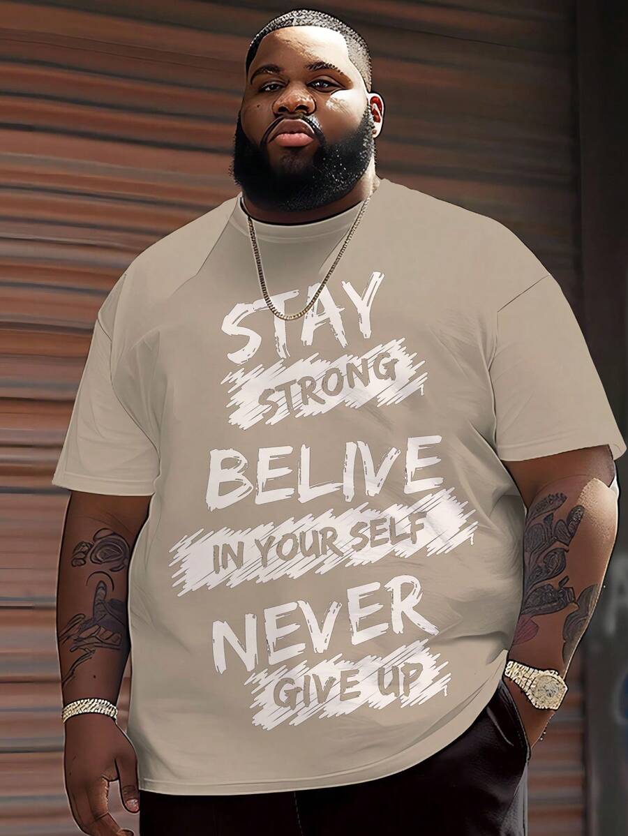 Áo thun nam thời trang cỡ lớn in hình "Never Give Up" - Màu Khaki - Xem 1