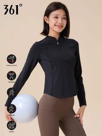361degree 1pc 361 Degree Women's Long Sleeve T-Shirt, Autumn, Stand Collar, Half Zipper, Non-Fading, Stretchy Fabric, For Running, Yoga, Fitness, Daily Wear, Sports