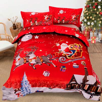 2/3 Pieces Christmas Duvet Cover Single Double King  Reversible Christmas Santa Claus Pattern Printed Bedding Duvet Cover With Zipper Closure For Teens Adults, Soft Microfiber Xmas Bedding Set