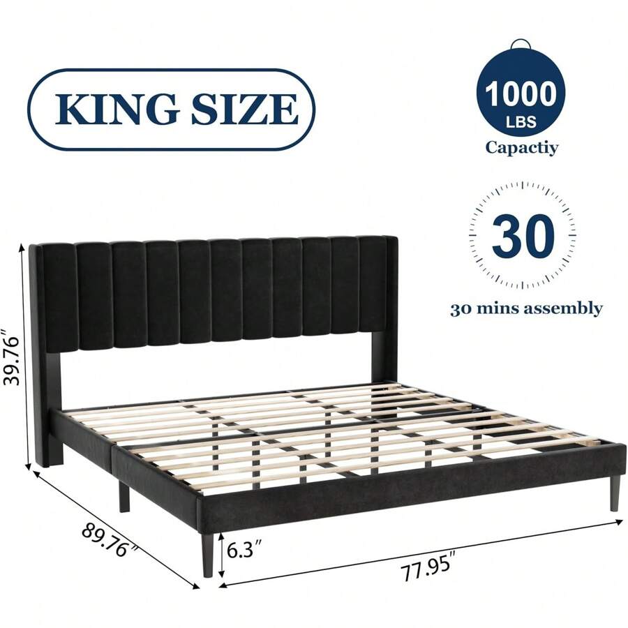 King Size Bed Frame And Headboard,Vertical Channel Tufted Wingback No