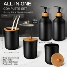 5 Pcs Black Bathroom Accessories Set With Plastic Soap Dispenser And Toothbrush Holder Set, Qtip & Cotton Ball Holder, Black Bathroom Set, Boho Bathroom Decor Bathroom Organizer Storage Back To School
