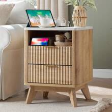 Modern 18" Fluted Nightstand With Charging Station, Wood Side Table With Faux Marble Top & Curved Profile Design, 2 Drawers End Table With Storage& Bedside Table For Bedroom, Living Room - Natural Oak - Xem 1