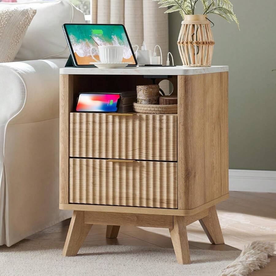 Modern 18" Fluted Nightstand With Charging Station, Wood Side Table With Faux Marble Top & Curved Profile Design, 2 Drawers End Table With Storage& Bedside Table For Bedroom, Living Room - Natural Oak - Xem 1