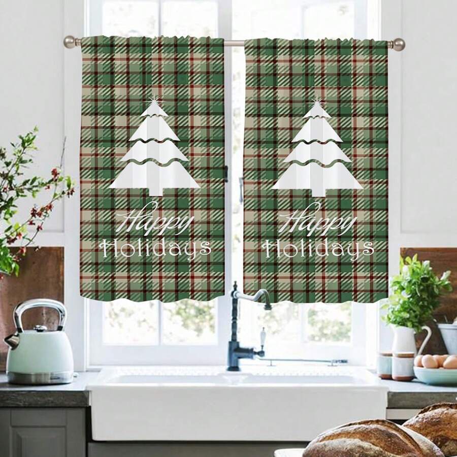2pcs Green & White Plaid Christmas Tree Silhouette Creative Print Sheer Kitchen Window Curtains, Rod Pocket Top, Quality Polyester Fabric, Lightweight & Easy Care, Personalized Christmas Decor For Kitchen, Dining Room, Living Room, Bedroom, Balcony
