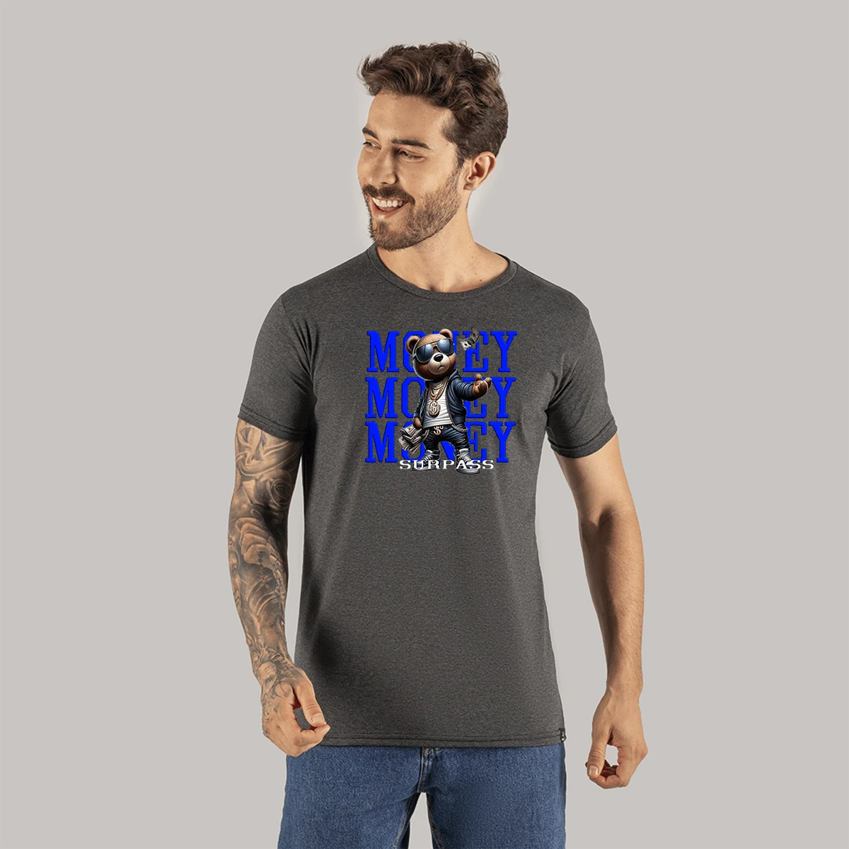 DTF Digital Print T-Shirt Cotton Comfortable 30.2 Bear Doll Money - 深灰色 - 查看 1