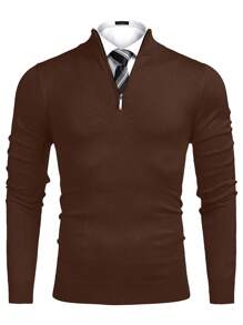 Men's Solid Color Zipper Half Placket Casual Long Sleeve Pullover Sweater - Coffee Brown - View 2