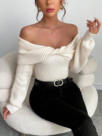 Women Twisted Front Off-Shoulder Long Sleeve Casual Sweater, Solid Color, Autumn/Winter