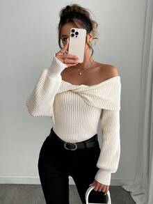 女士前部扭纹露肩长袖休闲毛衣，纯色，秋冬 - 杏色 - 查看 6