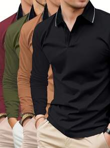 4pcs Men Long Sleeve Polo Shirt, Classic Collared Casual Sports Wear, Solid Color Basic Outerwear For Spring Autumn Outdoor Daily Running