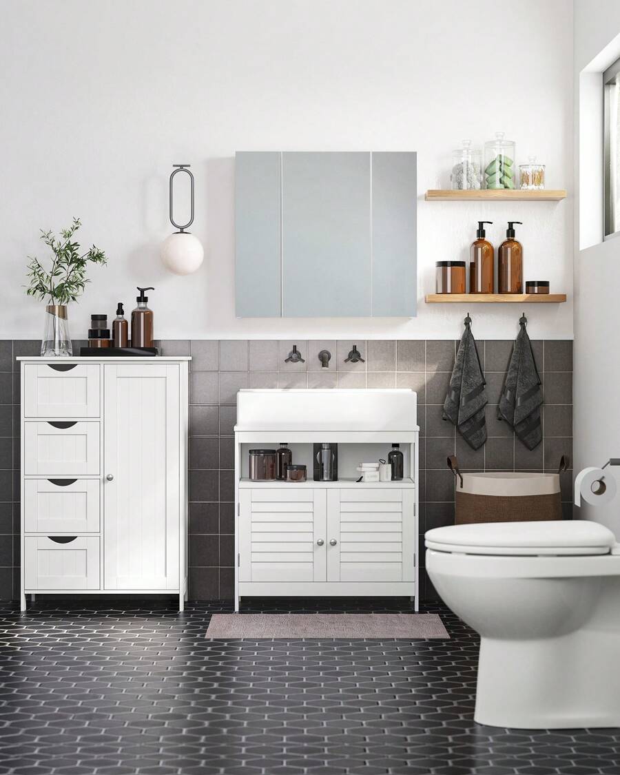 VASAGLE Meuble sous Lavabo, Meuble de Salle de Bain, Placard sous Vasque, avec 2 Portes Persiennes, Beaucoup d'Espace de Rangement, Style Moderne, 30 x 60 x 60 cm, Blanc - Blanc - Voir 1