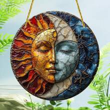 1 件太阳和月亮象征，阴阳美学艺术捕光器，彩色 2D 玻璃窗挂饰，创意圆形花环设计，适用于花园、庭院、家庭、前门、户外装饰艺术，送给朋友的礼物 - 彩色 - 查看 1