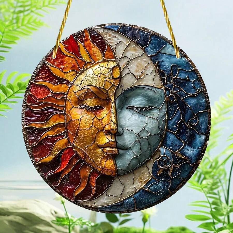 1 件太阳和月亮象征，阴阳美学艺术捕光器，彩色 2D 玻璃窗挂饰，创意圆形花环设计，适用于花园、庭院、家庭、前门、户外装饰艺术，送给朋友的礼物 - 彩色 - 查看 1