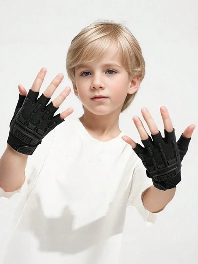 1 双儿童半指骑行手套，透气防滑露指自行车手套，减震运动训练手套，男童款