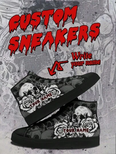 Men's Custom Name Canvas Shoes, Skull Flower Designed Lightweight Comfortable Soft Bottom High Top Sneakers For Man, High-Top Skateboard Shoes, Personalized Fun Unique Gift For Mom/Dad/Her/Him/Girlfriend/Boyfriend/Wife/Husband/Friend