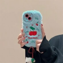 新款秋冬毛绒创意红樱桃带吊坠手机壳，兼容IPhone13 Pro Max/ IPhone14 Pro Max/ IPhone15 Pro Max/ IPhone16、Mate60 P70，极简设计 - 藍色 - 查看 2
