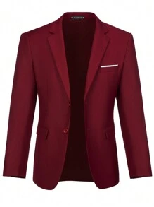 Furuyal 男士纯色单排扣长袖修身西装外套，适合派对、婚礼、通勤、商务场合，深酒红色，尺码 XS-3XL - 酒紅色 - 查看 5