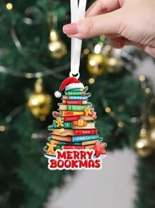 1pc Merry Bookmas Acrylic Hanging Decor - Library Book Pile, Santa Hat, Gingerbread Man, Tree Shape, Window Hanging Decoration, Decoration Gift For Book Lovers