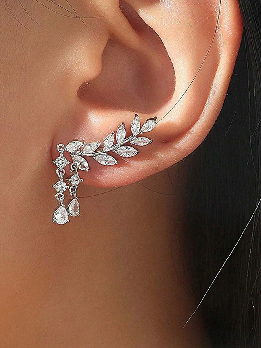 1 Đôi Hoa tai thả hình lá tua rua thanh lịch - Đá Zirconia tươi khảm siêu nhỏ, Kiểu dáng đơn giản và thời trang, Thiết kế kẹp, Tươi mới và thanh lịch, Hoàn hảo để đeo hàng ngày - một cặp - Xem 1