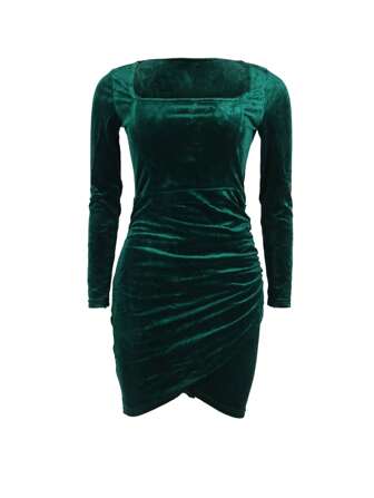 Velvet Square Neck Ruffle Slit Bodycon Long Sleeve Midi Dress Women