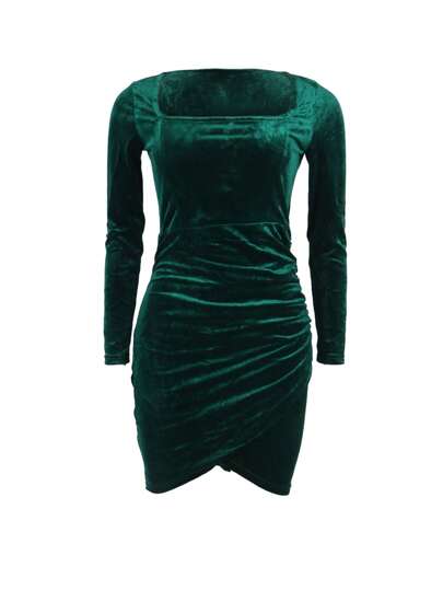 Velvet Square Neck Ruffle Slit Bodycon Long Sleeve Midi Dress Women