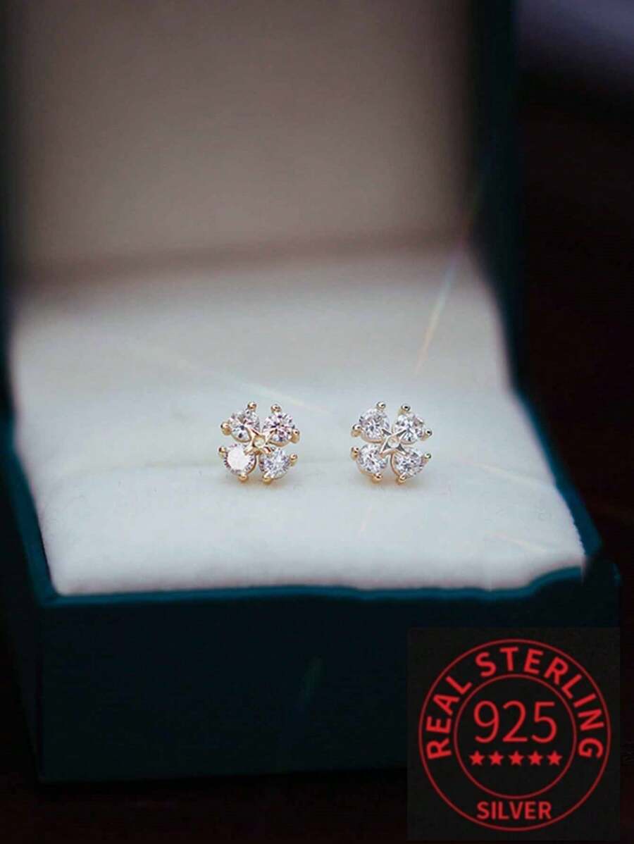 1 对 925 纯银简约别致精致迷你四叶草方晶锆石耳钉 适合女孩 - 均碼 - 查看 1