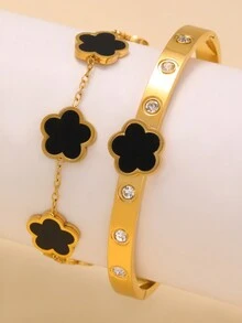 时尚奢华五叶草锆石手链和手镯套装，不锈钢，适合女士日常佩戴 - 粉色 - 查看 1