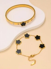 时尚奢华五叶草锆石手链和手镯套装，不锈钢，适合女士日常佩戴 - 粉色 - 查看 6