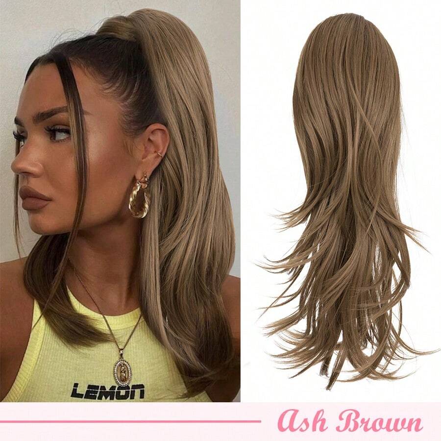 22inch/55cm Drawstring Ponytail Extension Multi-Layered Hairpieces Stand Up High Pony Tails Long Straight To Curly Hair Extensions Clip In Ponytails Highlight Soft Natural Synthetic Hairpiece Black Ash Brown Blonde For Daily Party Halloween Christmas - Nâu tro - Xem 1
