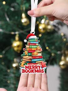 1pc Merry Bookmas Acrylic Hanging Decor - Library Book Pile, Santa Hat, Gingerbread Man, Tree Shape, Window Hanging Decoration, Decoration Gift For Book Lovers