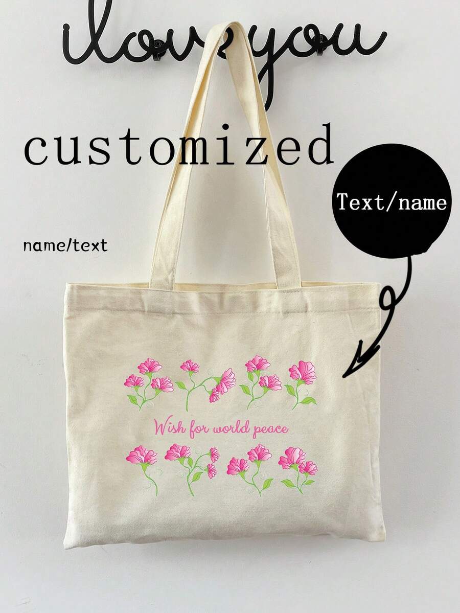 1 Túi Tote Vải Tùy Chỉnh Có Chữ/Văn Bản/Tên, Thiết Kế Độc Đáo, Sức Chứa Lớn, Nhẹ, Thời Trang, Thường Ngày, Túi Xách Mua Sắm - Màu be - Xem 1