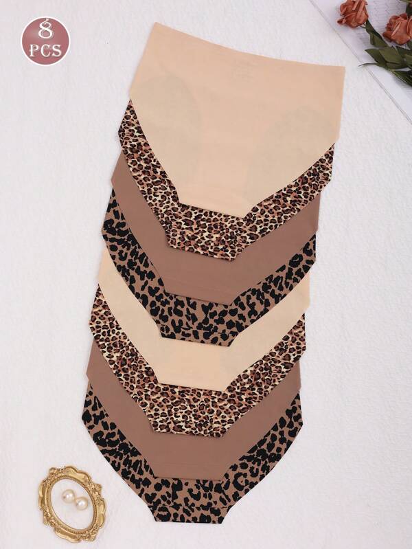 8-Pack Seamless Women's Panties, Stretch Comfort Shaping Drop Waist Leopard Print Panty Briefs