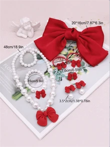 8 件/套儿童蝴蝶结发夹、发带、珍珠项链、手链、耳环、戒指发饰套装，适合女孩