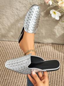 2025 Autumn Women Flat Square Toe Woven Mule Slippers, Slip-On Slide Sandals, Black